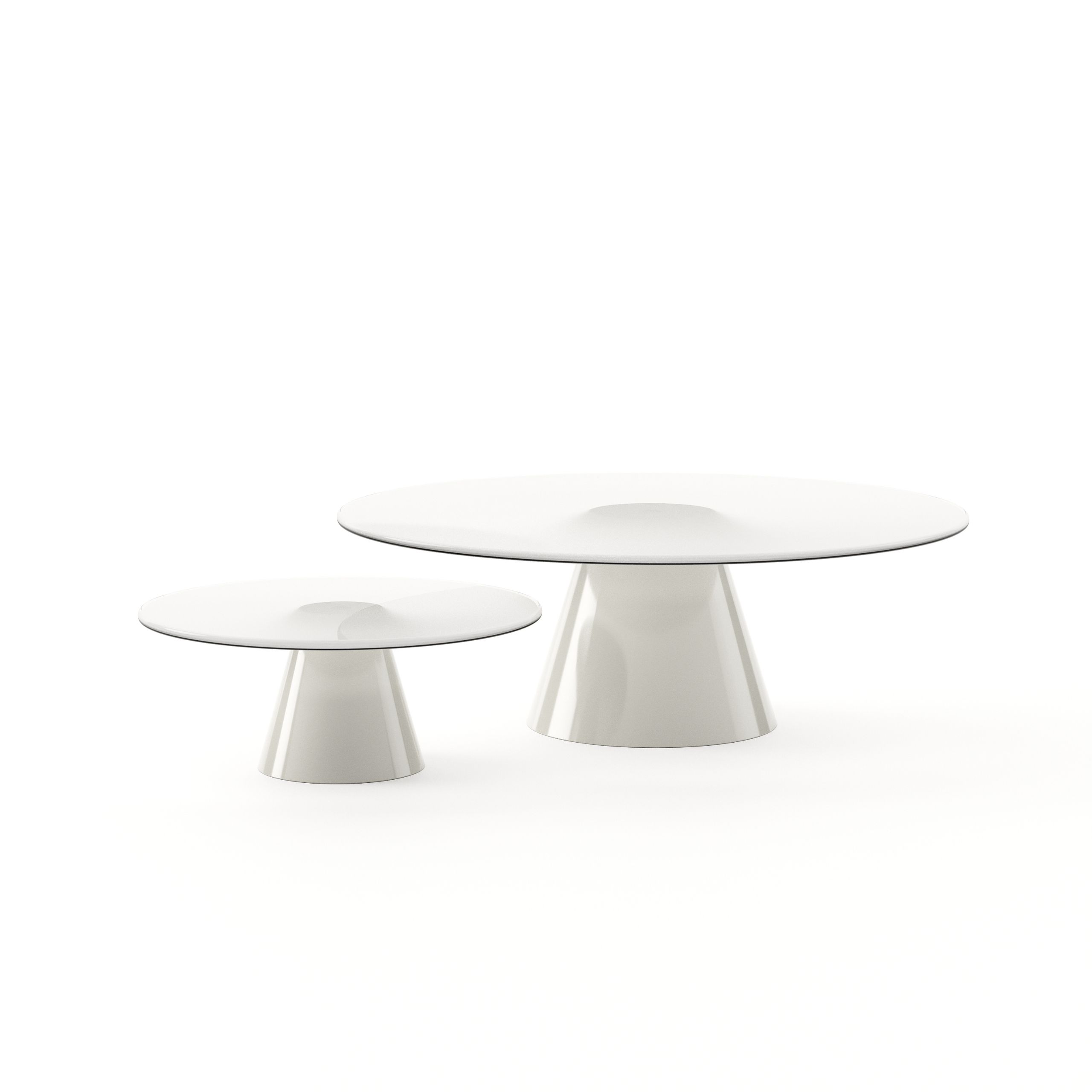 Sahara Coffee Tables displayed on a white background, featuring a frosted glass top and a gloss off‑white lacquer base. Their soft, rounded forms echo the Cloud Dancer aesthetic, bringing a luminous, sculptural presence with gentle contrast and refined simplicity.