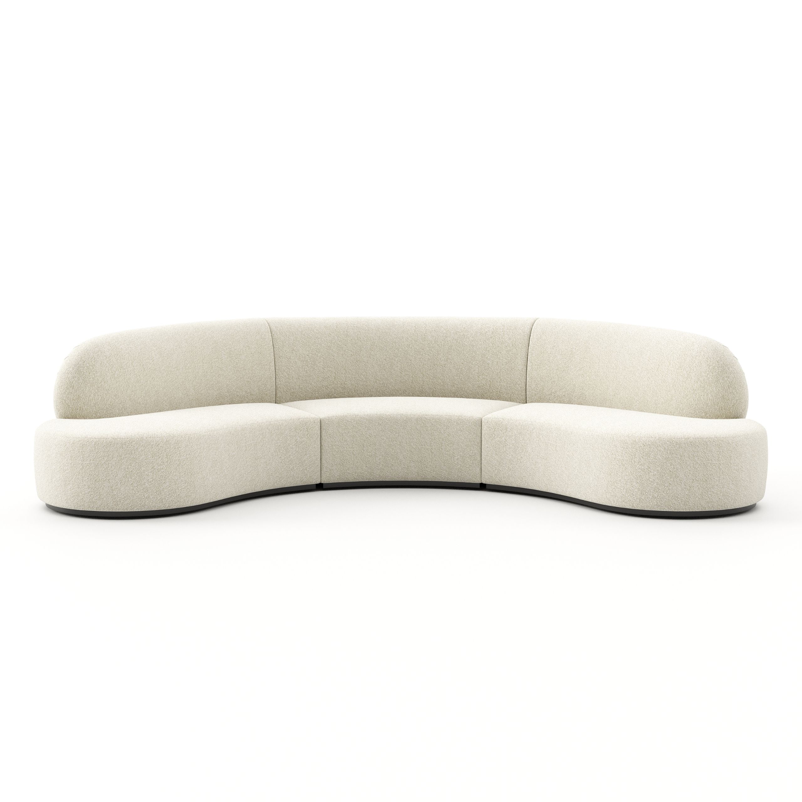Curved Cotton Sofa in bouclé shown against a white background, highlighting its rounded silhouette and plush, tactile texture. The design embodies the airy, flowing spirit of the Cloud Dancer concept, inviting softness and relaxation.