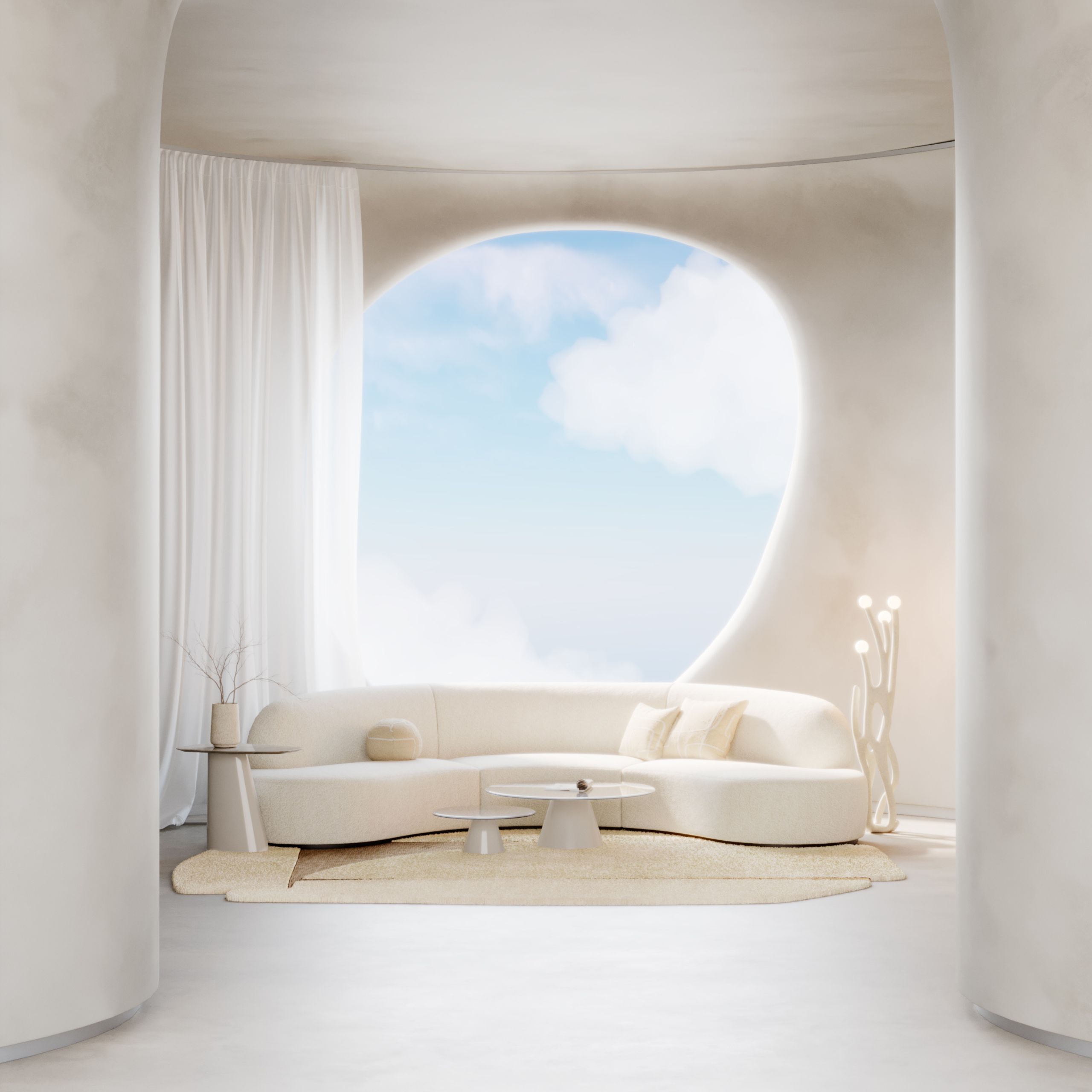 Minimalist living room bathed in Cloud Dancer tones, featuring a curved bouclé Cotton Sofa, Sahara Coffee Tables with frosted glass tops and off-white lacquer bases, and a sculptural floor lamp with glowing orbs. Smooth architectural curves and a sky-framed window enhance the sense of lightness, creating a space that feels open and calm.