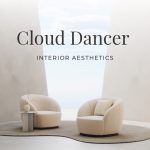 Minimalist interior scene featuring two beige upholstered armchairs on a textured neutral rug, with a sculptural side table and vase of dried branches. A softly lit wall opens to a sky filled with clouds, while the words “Cloud Dancer Interior Aesthetics” appear above, reinforcing the serene, light-filled atmosphere and the cloud dancer design’s elegance.