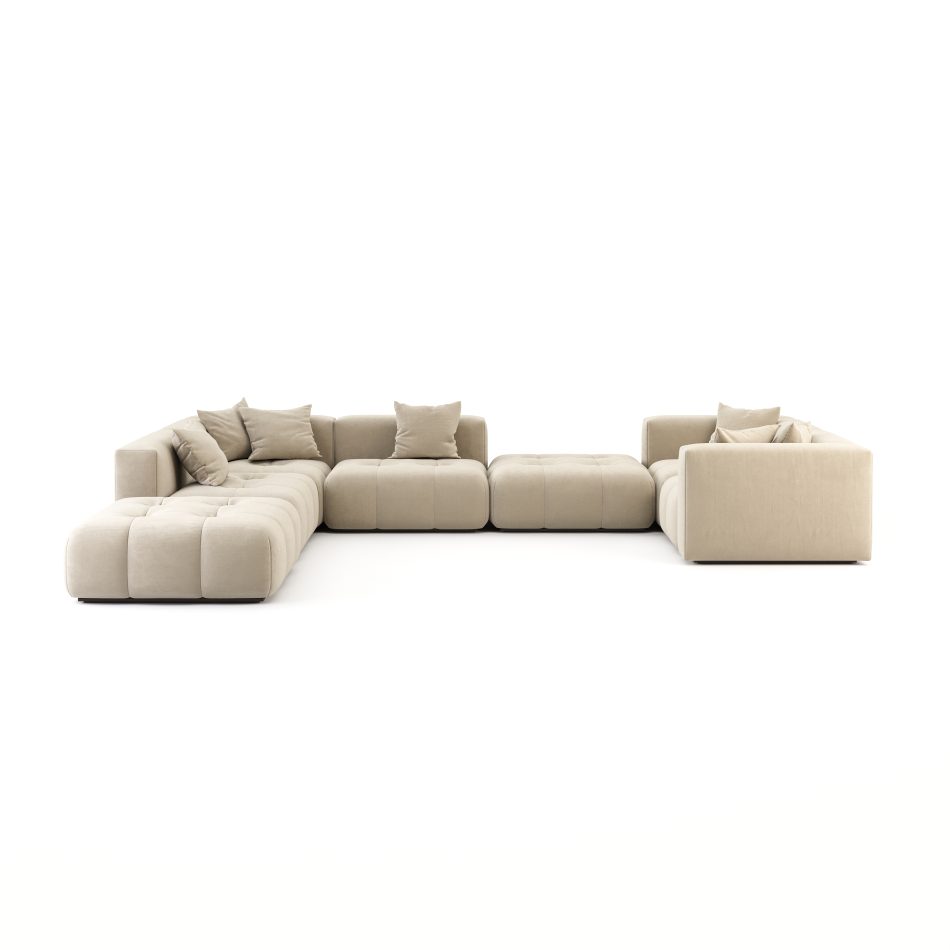 The Antónia Sofa in a modular layout with light beige velvet-like upholstery, tufted seat cushions, and backrest pillows - composed of individual segments arranged in a linear and corner configuration for flexible, contemporary seating.