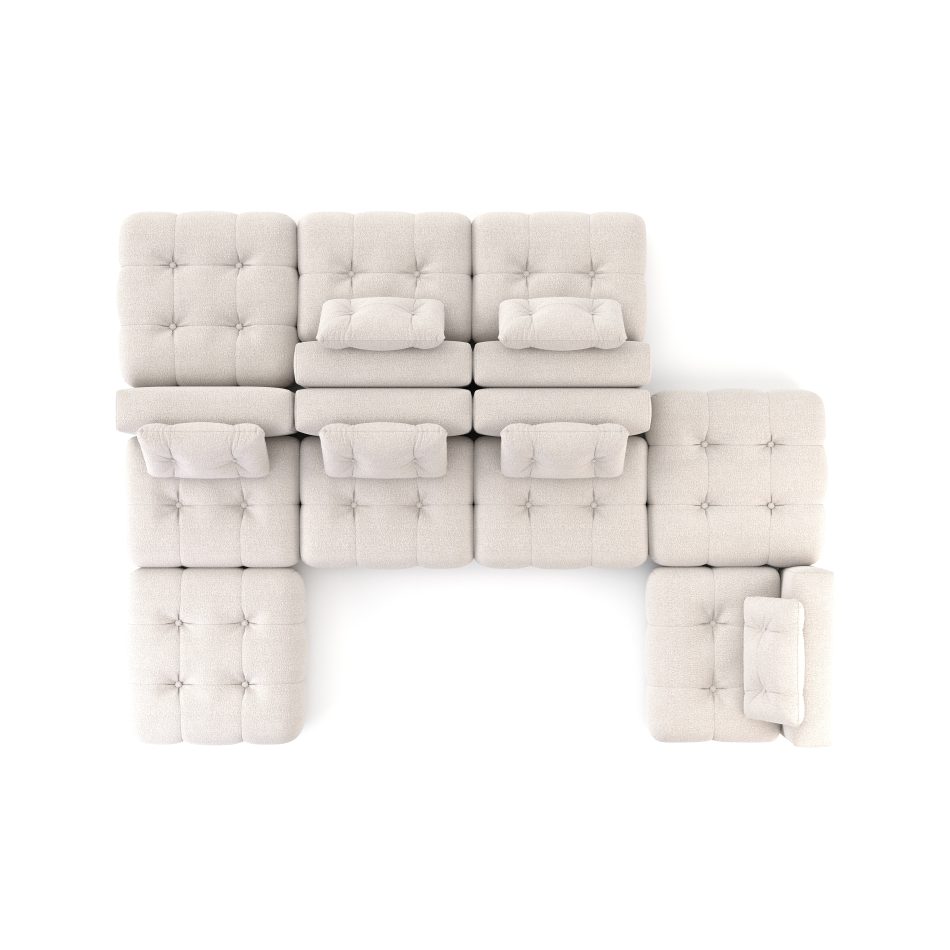 Antónia Sofa in a modular top-down layout, upholstered in cream bouclé with tufted seat cushions and square backrest units, forming a symmetrical, spacious seating arrangement.