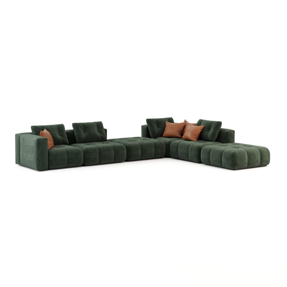 The Antónia Sofa in a deep green L-shaped configuration, featuring tufted cushions and brown accent pillows, composed of modular segments with plush seating and a contemporary silhouette suited for spacious interiors.