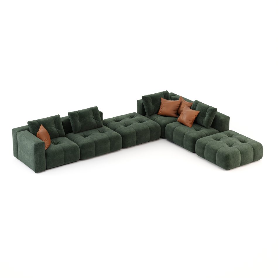 Antónia Sofa in dark green velvet-like fabric, modular and L-shaped, with tufted seats and camel brown pillows.