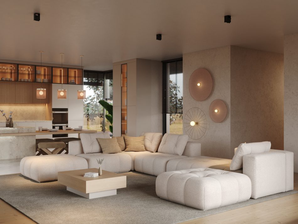 Antónia Sofa in a beige bouclé modular setup, paired with a matching low seat extension in a cozy open-plan living space featuring a wooden coffee table, circular wall lights, and a marble kitchen island.