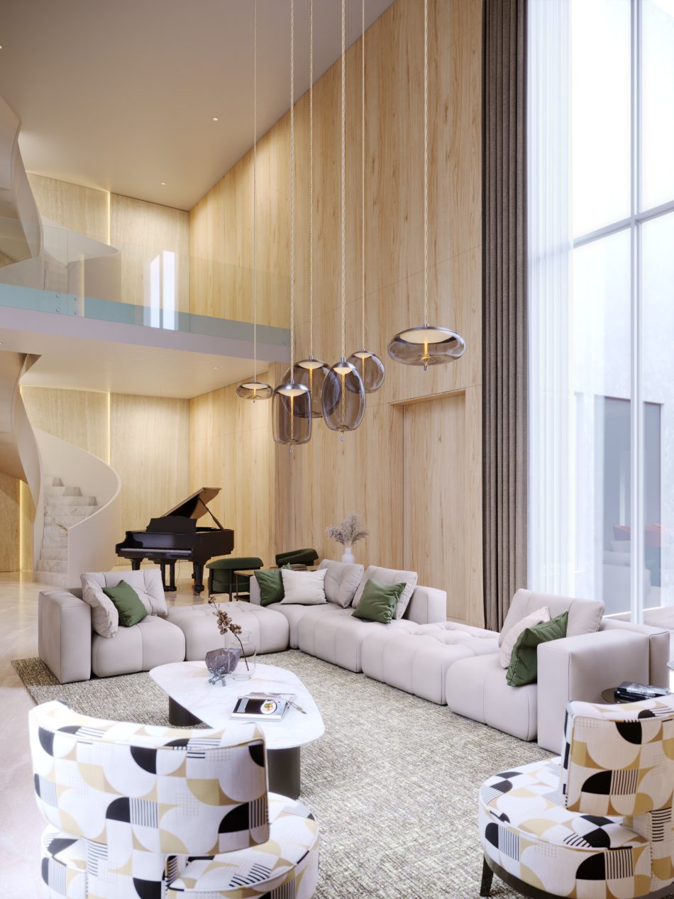 Antónia Sofa in light beige bouclé, modular and plush, styled in a high-ceiling living room with patterned armchairs, pendant lights, and a curved staircase.