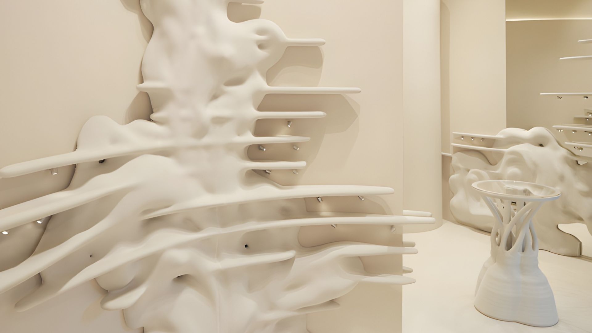 Abstract interior space representing the Mutation trend, featuring sculptural wall installations and a pedestal table with fluid, organic lines. The undulating surfaces and skeletal forms evoke a sense of in-between states, blending craftsmanship with experimental design. A monochromatic palette and tactile materials highlight vulnerability and poetic transformation in contemporary interiors.