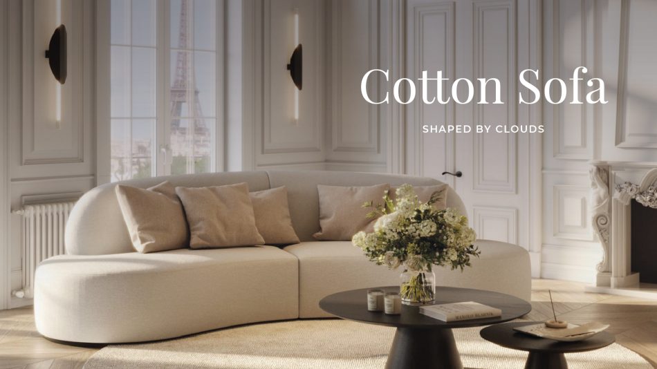 The Cotton Sofa anchors a Parisian living room with soft upholstery and beige pillows. Two coffee tables hold flowers, candles, and a fashion book, framed by paneled walls and a view of the Eiffel Tower. This serene setting blends luxury living room furniture, bespoke furniture, and sculptural sofa design for lobby interiors.