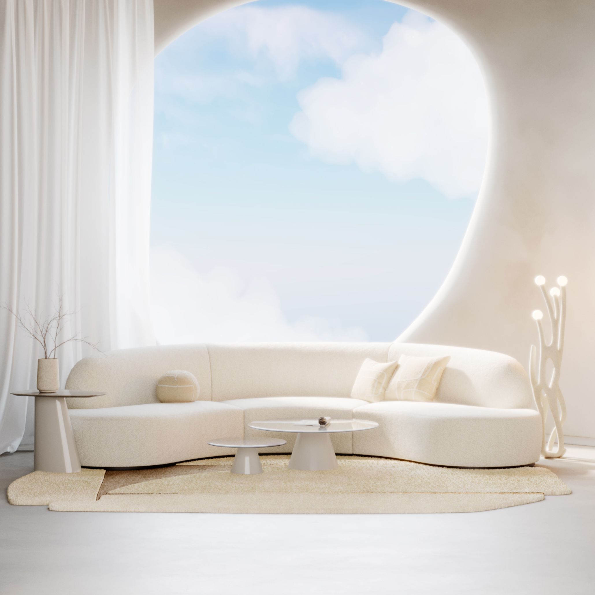 Curved cream Cotton Sofa floats within a serene Cloud Dancer interior, surrounded by modern coffee tables, soft textures, and sculptural lighting. This composition evokes the poetry of clouds - calm, fluid, and emotionally balanced - where luxury living room furniture meets the elegance of custom furniture.