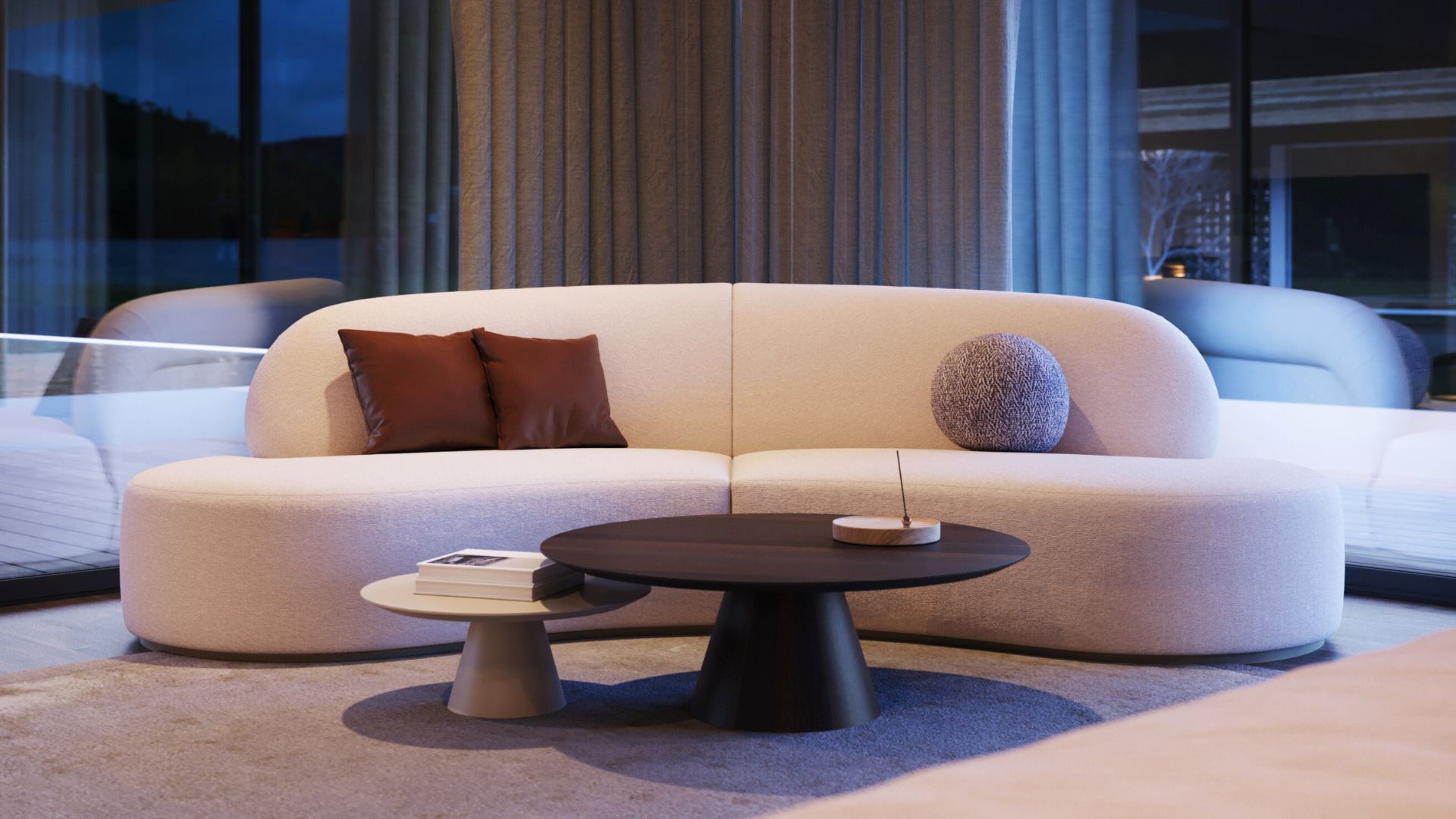 The Cotton Sofa rests gently in a serene living room, its curved silhouette offering a quiet invitation to pause. Surrounded by soft textures and natural light, this composition reflects luxury living room furniture designed with intention, blending custom furniture and sofa design for lobby spaces into a meditation on comfort and emotional ease.
