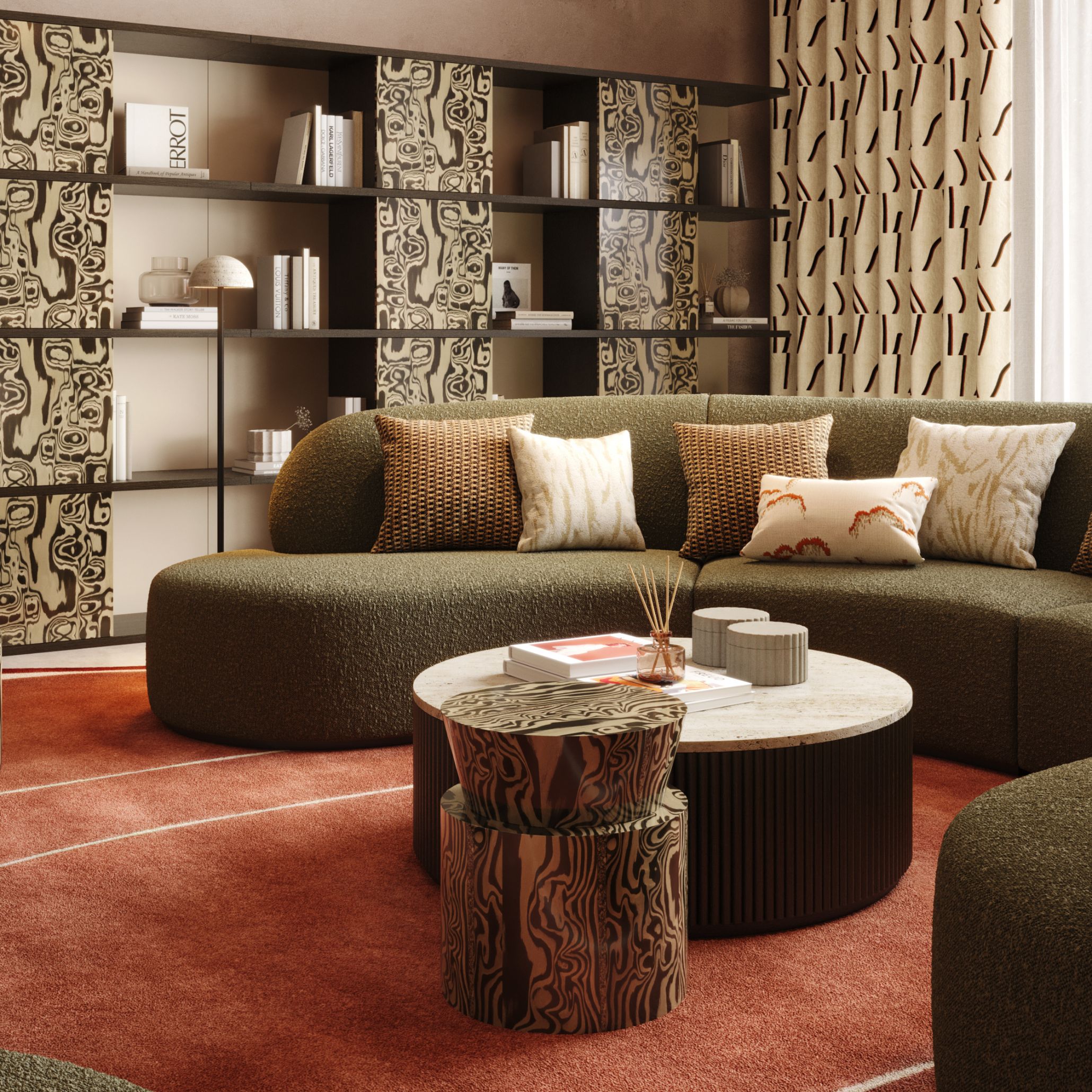 An olive‑green bouclé Cotton Sofa curves softly across a warm, textural living room, paired with a marble coffee table and patterned pillows. The layered shelves and earthy tones highlight luxury living room furniture, complemented by custom furniture and sculptural sofa design for lobby aesthetics.