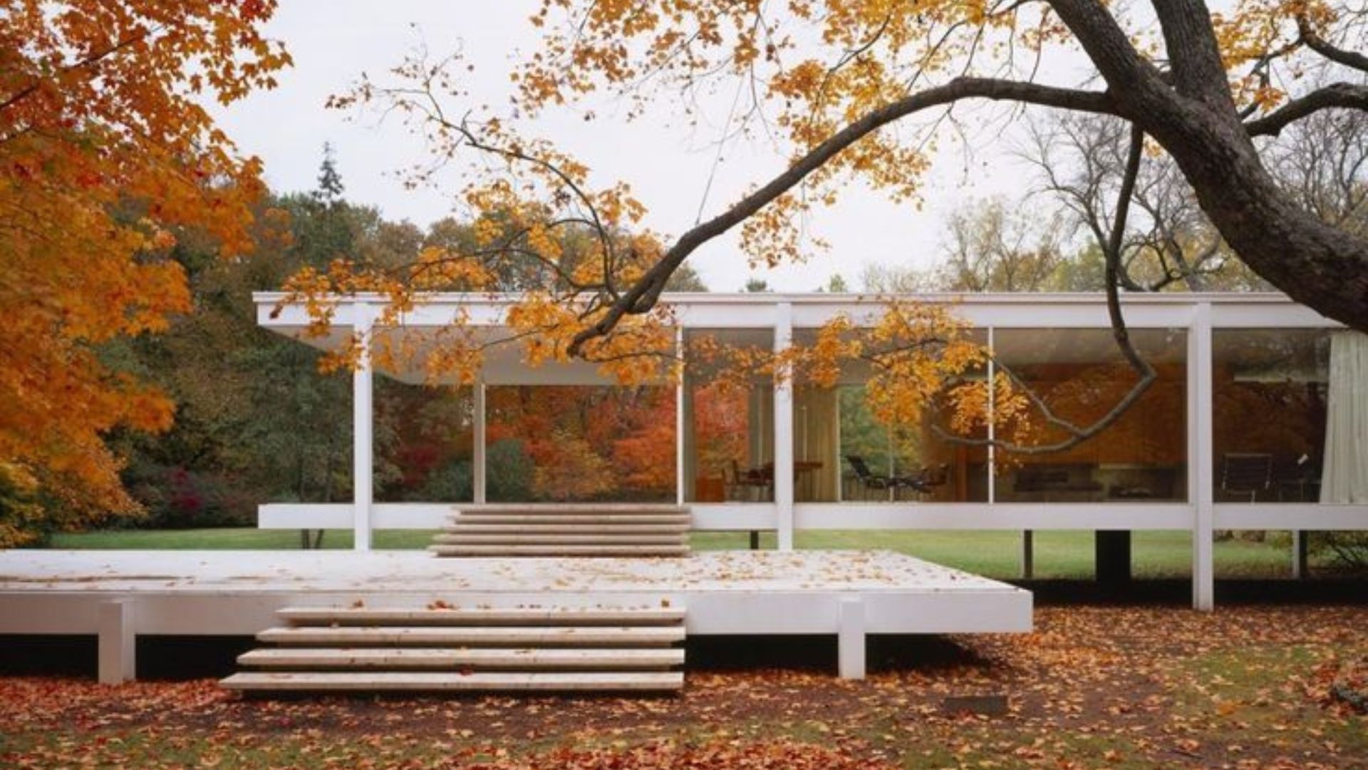 A minimalist glass pavilion, The Farnsworth House, elevated above an autumn landscape, framed by white steel and open to the surrounding forest. The wide terrace leads toward the house, where soft reflections hint at refined design details, custom furniture, and a quiet luxury furniture sensibility that echoes Mies van der Rohe’s vision.