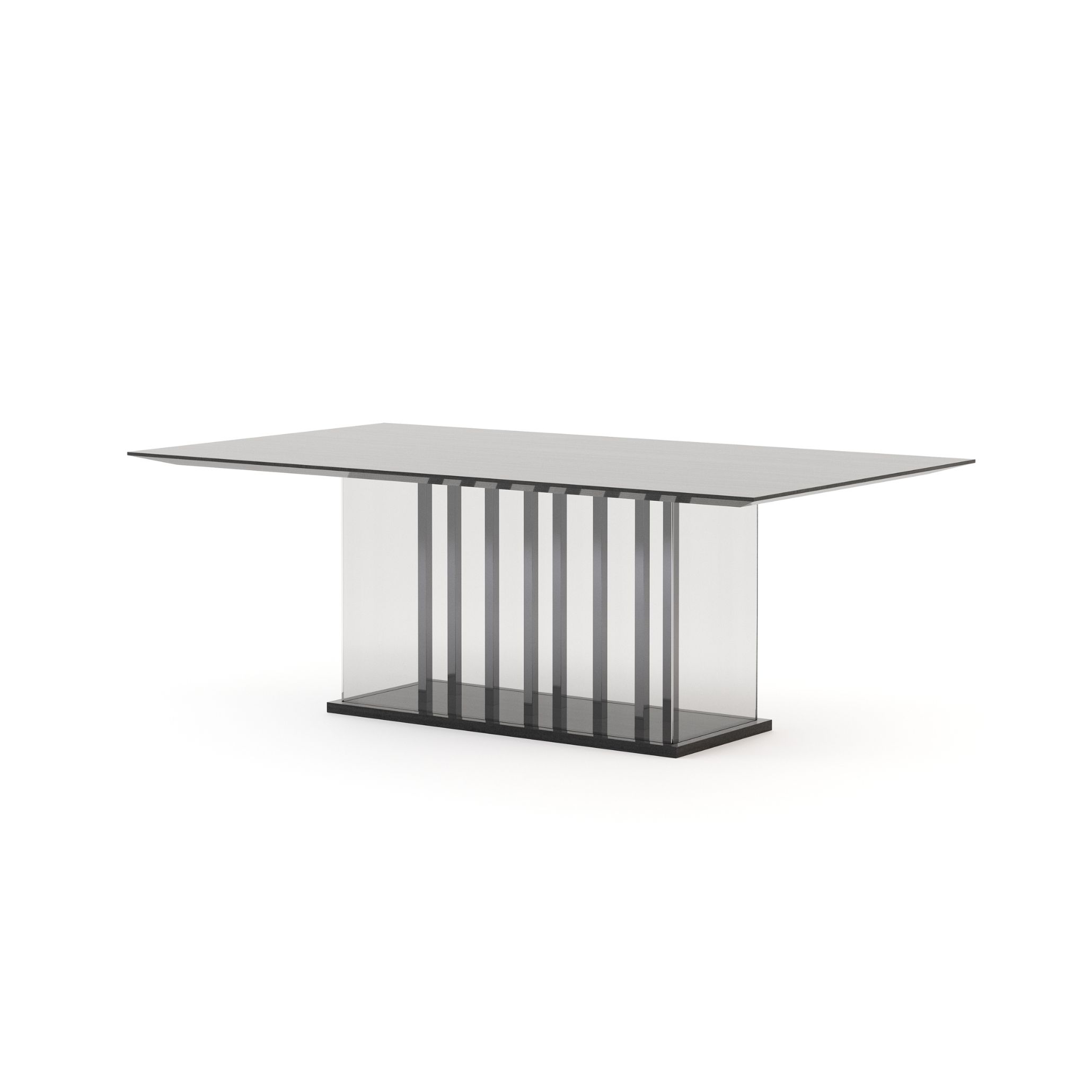 A contemporary dining table featuring a sleek dark top supported by vertical slats enclosed in glass panels, creating a sculptural interplay of rhythm and structure. The design mirrors the architectural restraint of the Farnsworth House, where materials are used with purpose and clarity. Its bold form, refined design details, and emphasis on proportion align with the principles of bespoke furniture and modern luxury furniture.