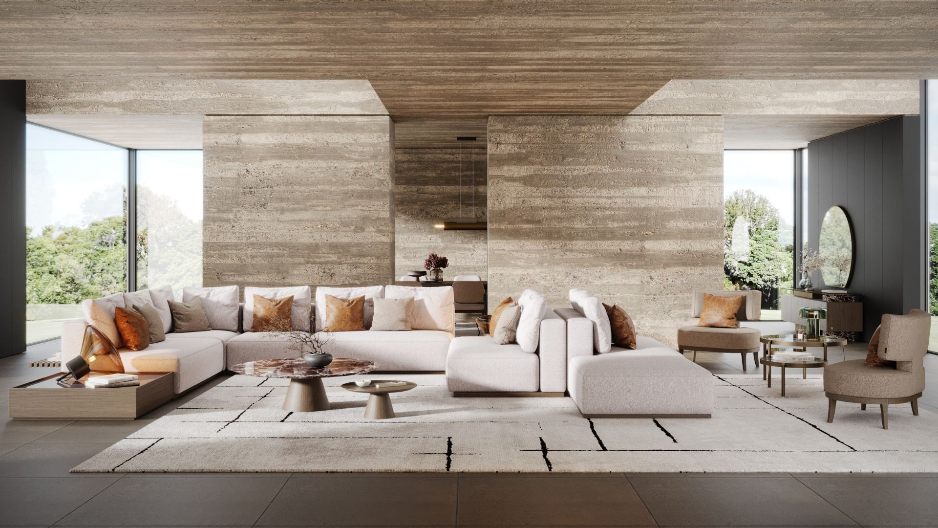 A modern interior featuring a spacious living room design with a beige modular sofa in soft upholstery, paired with luxury furniture pieces and textured stone walls. Contemporary furniture design elements appear in the curved coffee tables, layered materials, and the gentle interplay of light across the room’s surfaces, creating a serene, tactile atmosphere.