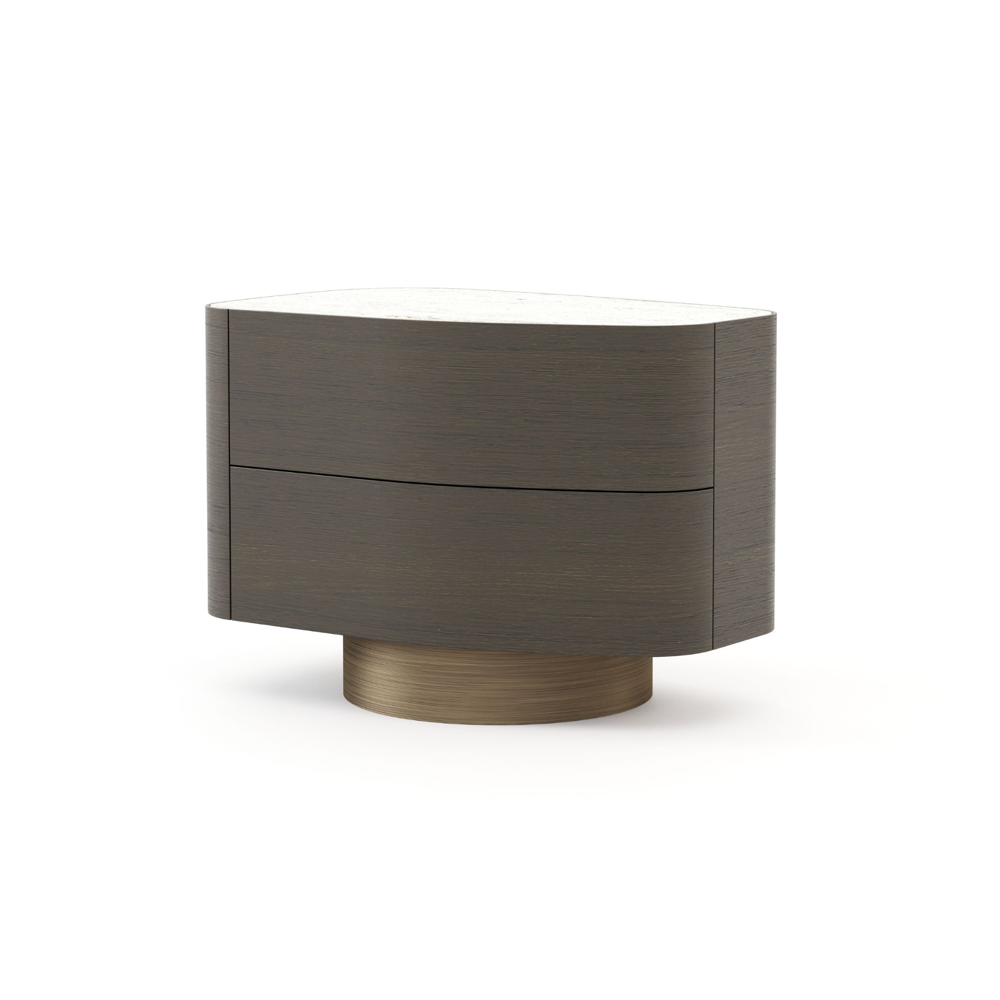 A contemporary night table crafted in dark wood and stone with smooth, rounded edges, elevated by a metallic pedestal base. The piece reflects luxury furniture craftsmanship and serves as interior design inspiration through its minimalist design and refined casegoods detailing.