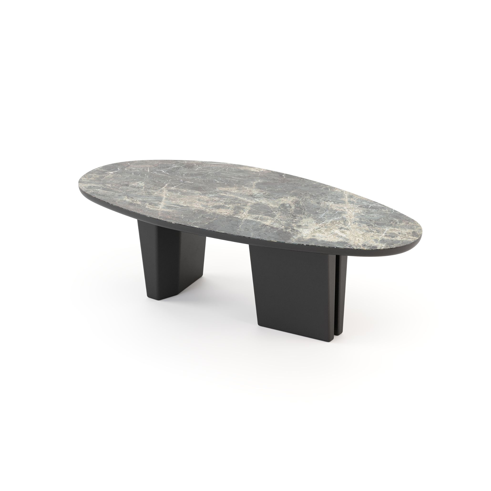 A contemporary dining table with a dark marble top and sculptural geometric legs, showcasing refined marble craftsmanship and minimalist design. The piece reflects luxury dining room furniture through its bold silhouette and high‑end materials, offering interior design inspiration for sophisticated modern spaces.