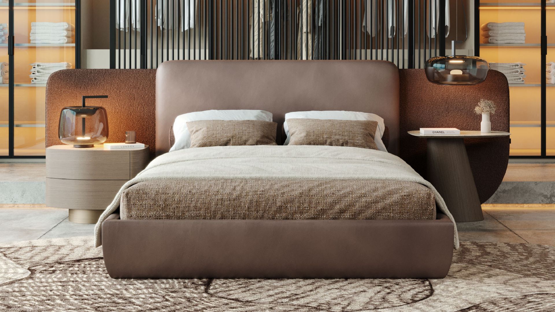 A serene bedroom featuring luxury bedroom furniture, centered around an upholstered bed framed by warm lighting and refined design details. Contemporary furniture design is expressed through soft textures, vertical wall elements, and a balanced composition of side table décor, creating a bespoke bedroom atmosphere that feels intentional, elegant, and inviting.