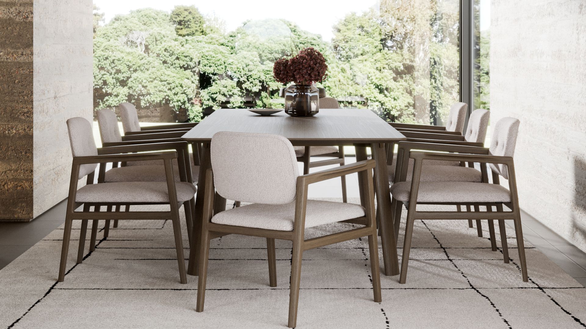 A serene dining room featuring contemporary dining room furniture, centered around a wooden table paired with upholstered fabric chairs in soft neutral tones. The space reflects contemporary furniture design through its gentle palette, natural wood textures, and refined design details. Large windows fill the modern interior design with natural light, enhancing the calm, elegant atmosphere created by the subtle materials and harmonious composition.