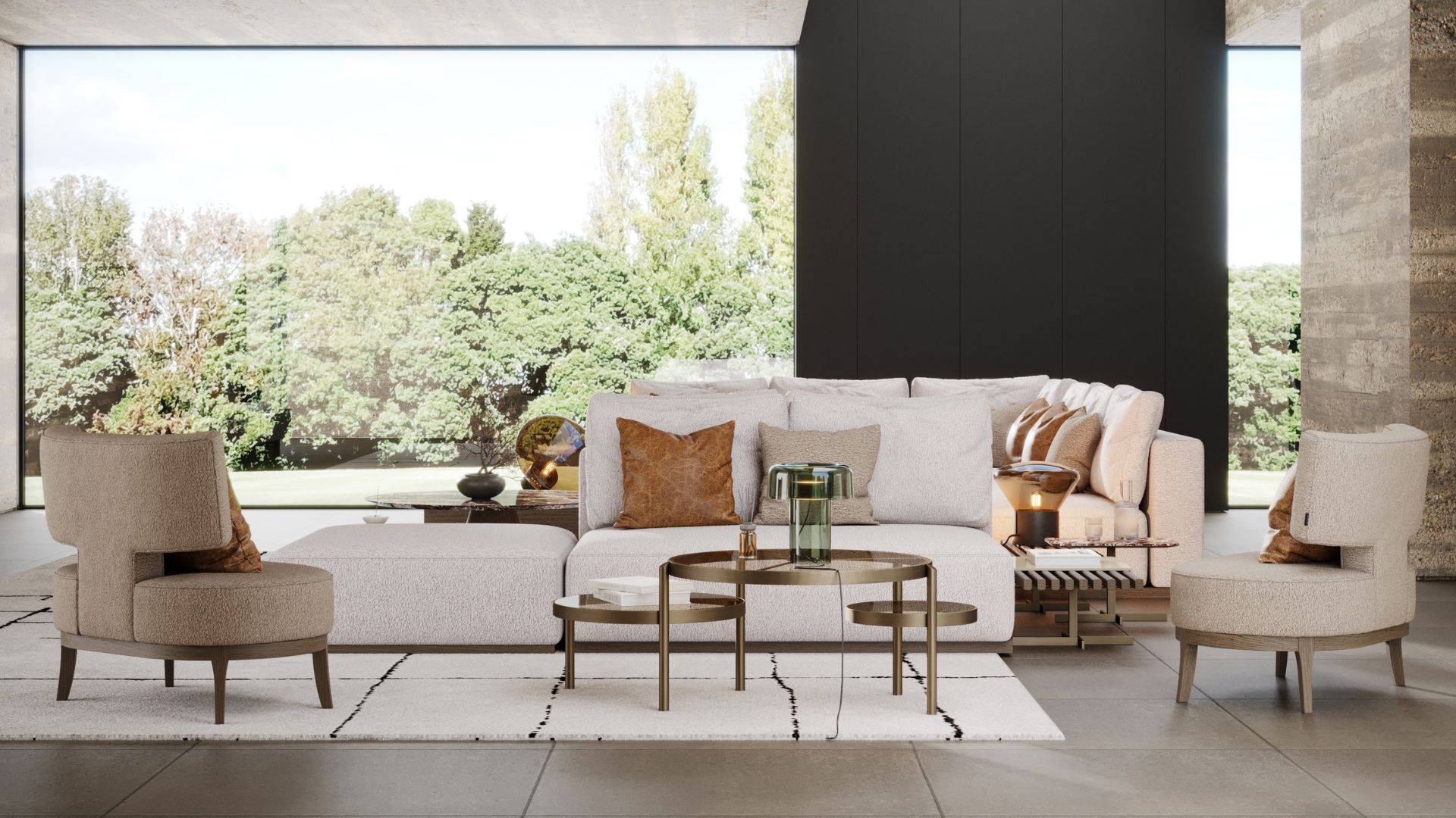 A bright contemporary living room featuring luxury living room furniture, including a spacious modular sofa and curved armchairs arranged around a sleek central table. The bespoke living room layout highlights contemporary furniture through its fluid arrangement, soft palette, and open flow. Floor‑to‑ceiling windows and layered textures enhance the modern interior design, creating an adaptable, serene space that feels both inviting and refined.