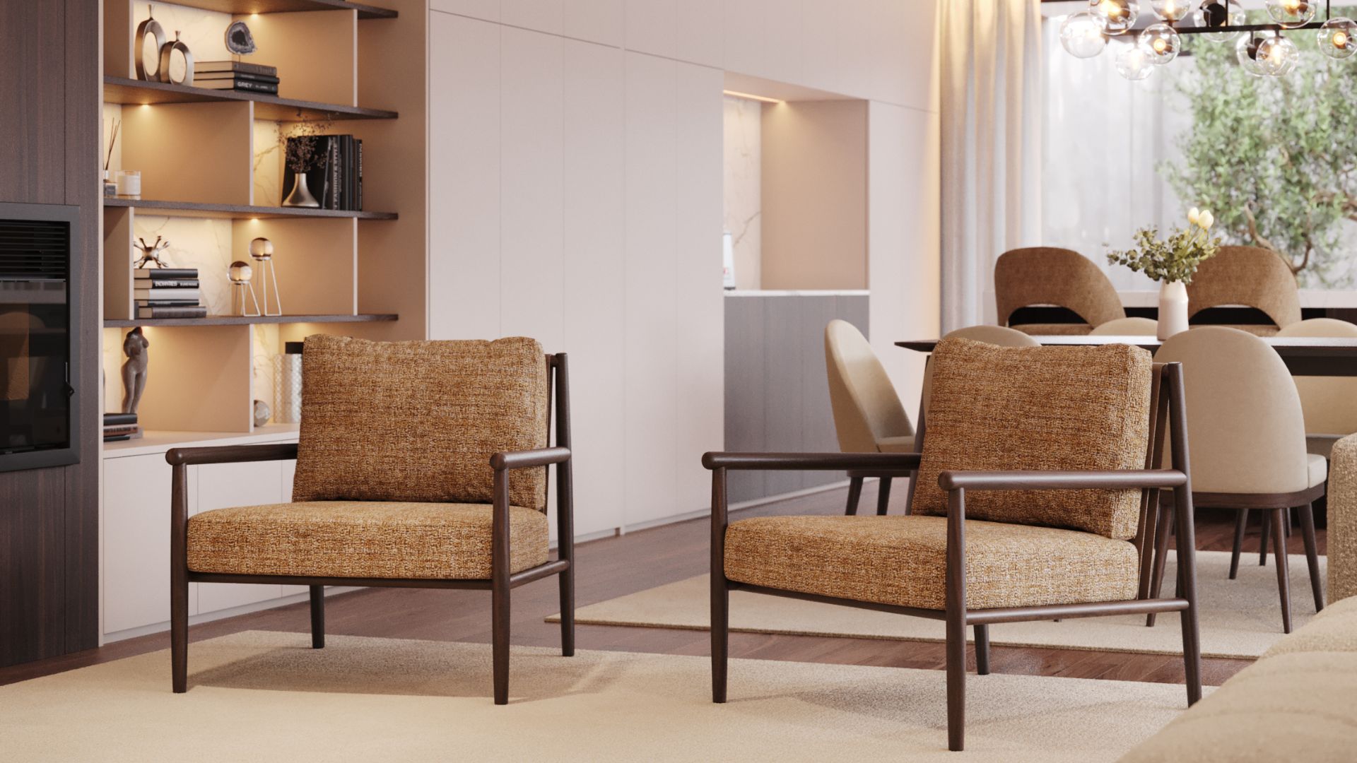 Modern luxury living room furniture arranged in a warm, intimate open‑space setting, featuring textured upholstery Miami armchairs, a refined dining area, and soft lighting that enhances the bespoke living room atmosphere.