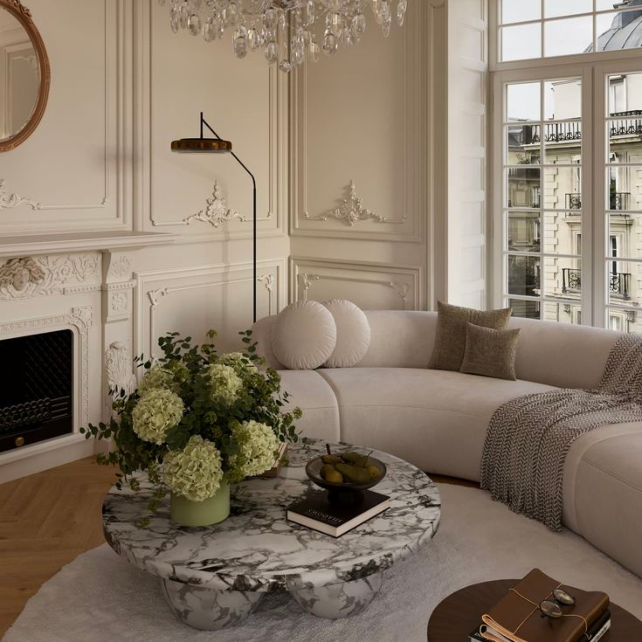 A refined living room blending classical architecture with modern furniture, featuring a curved sofa, a marble center table, and soft textures that enhance the intimate atmosphere of this luxury living room furniture setting.