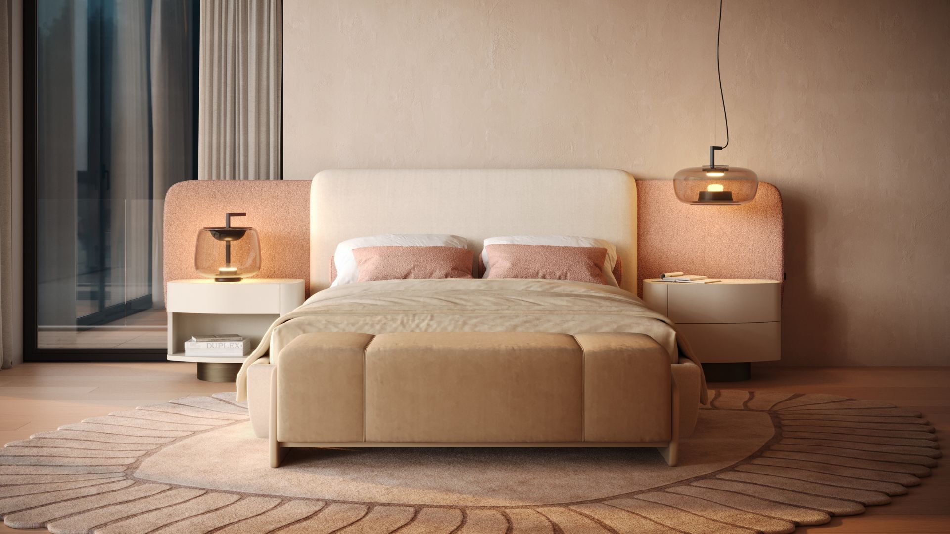 A serene romantic bedroom featuring a beige upholstered bed, soft neutral tones, and a petal‑pattern rug, complemented by luxury bedroom furniture and subtle design details that create a warm, romantic atmosphere.