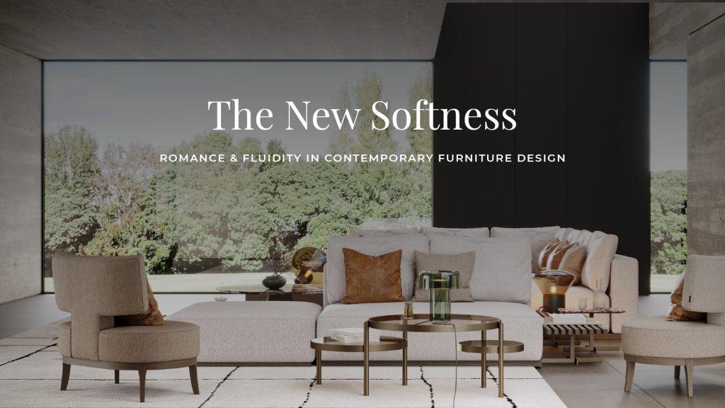 A contemporary living room featuring a large neutral sectional sofa with layered throw pillows, paired with a round glass coffee table and two curved armchairs. The space reflects contemporary furniture design through its soft palette, clean lines, and inviting composition. Floor‑to‑ceiling windows frame lush greenery, allowing natural light to enhance the room’s serene, modern atmosphere.