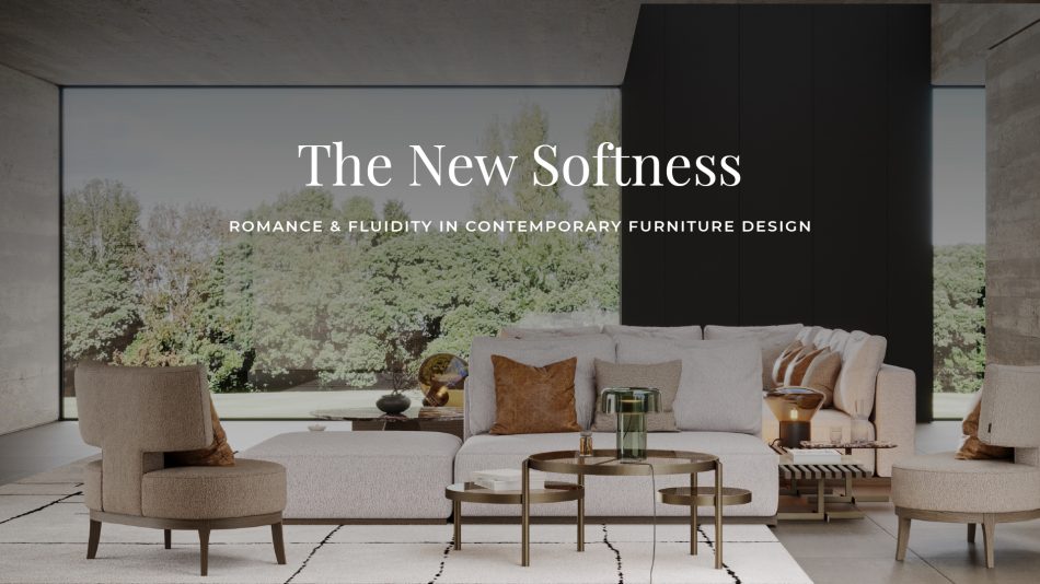 A contemporary living room featuring a large neutral sectional sofa with layered throw pillows, paired with a round glass coffee table and two curved armchairs. The space reflects contemporary furniture design through its soft palette, clean lines, and inviting composition. Floor‑to‑ceiling windows frame lush greenery, allowing natural light to enhance the room’s serene, modern atmosphere.