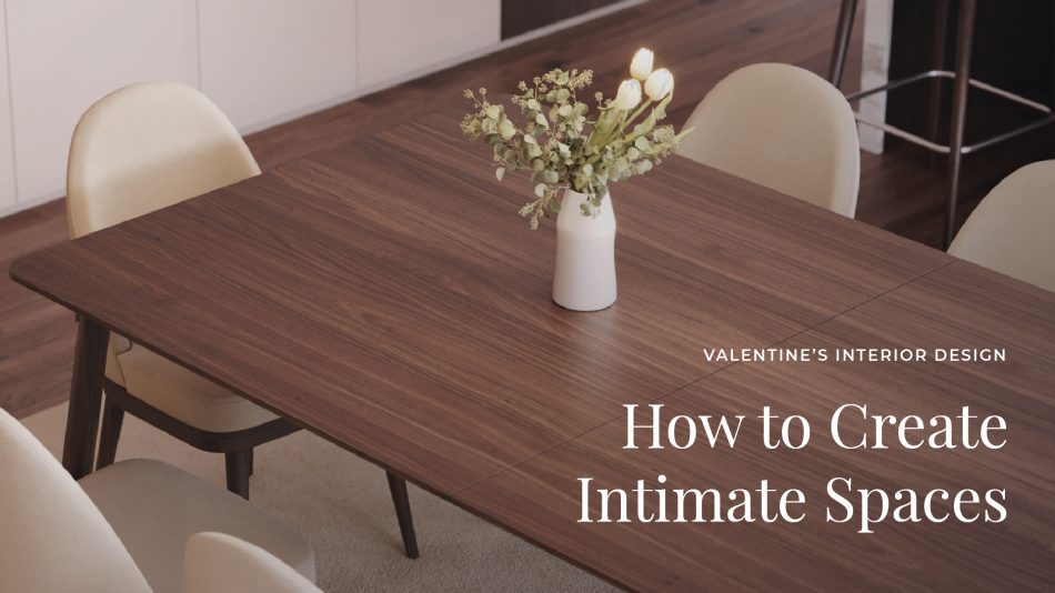 A warm dining setting with a wooden table, soft floral décor, and upholstered dining room furniture, capturing the intimate atmosphere of Valentine’s Interior Design and blending luxury home furniture, contemporary furniture, and living room inspiration.