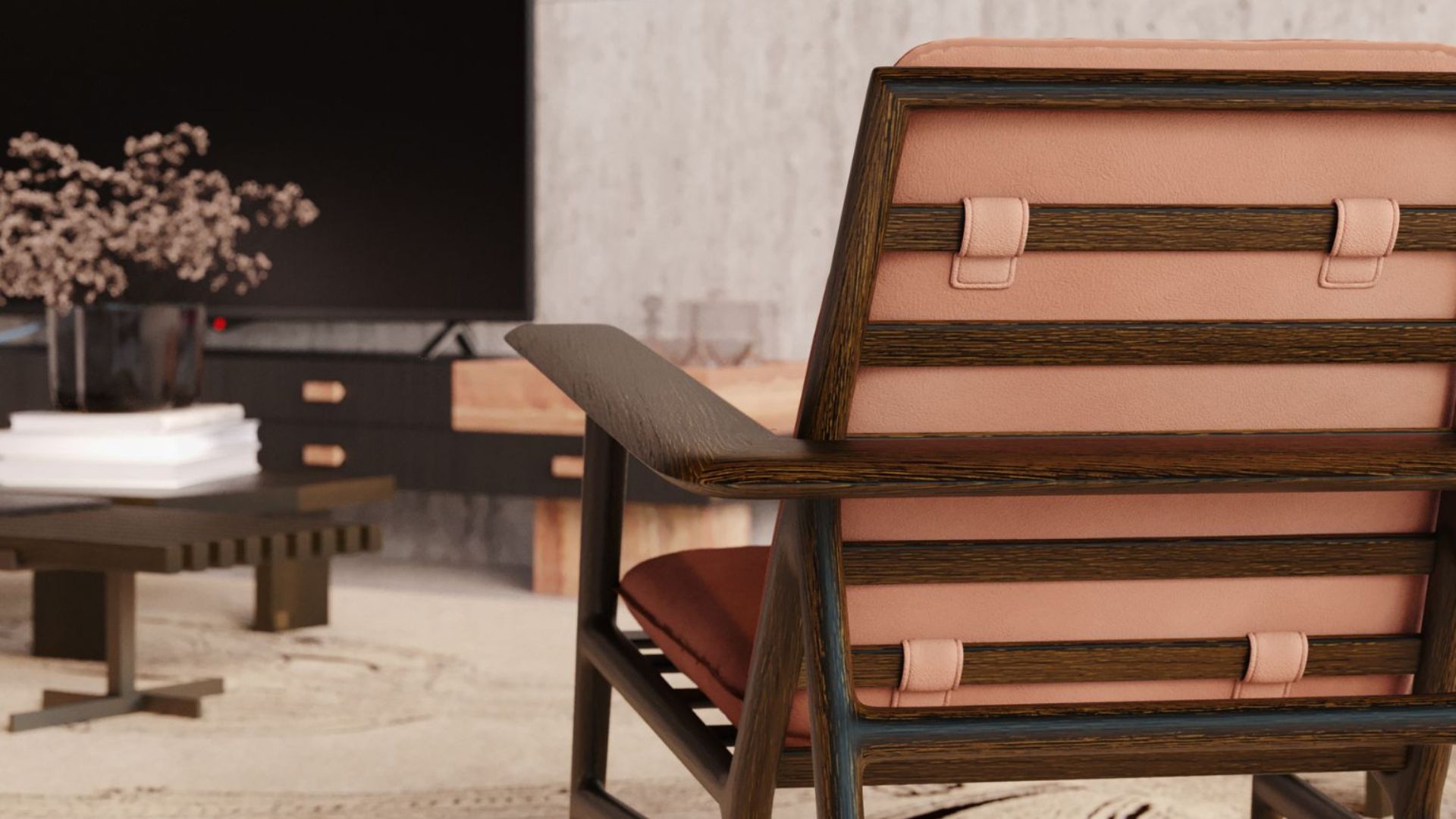 A Ripa Low Armchair with a solid‑wood slatted frame and soft blush‑toned cushions sits in a warm, contemporary living room beside a dark console and sculptural decor, expressing Mogensen‑inspired material honesty through wood texture, the crafted refinement of luxury home furniture, and the gentle architectural clarity of contemporary furniture design.