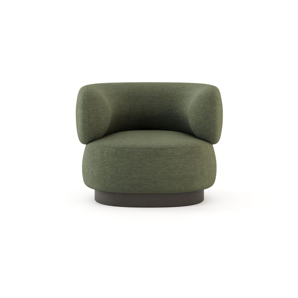 The Dolomites Armchair upholstered in deep‑green fabric and supported by a dark brown oak base, blending layered comfort with sculptural form and aligning naturally with bespoke living room aesthetics, the intimate warmth of luxury furniture, and the crafted harmony of contemporary home furniture.