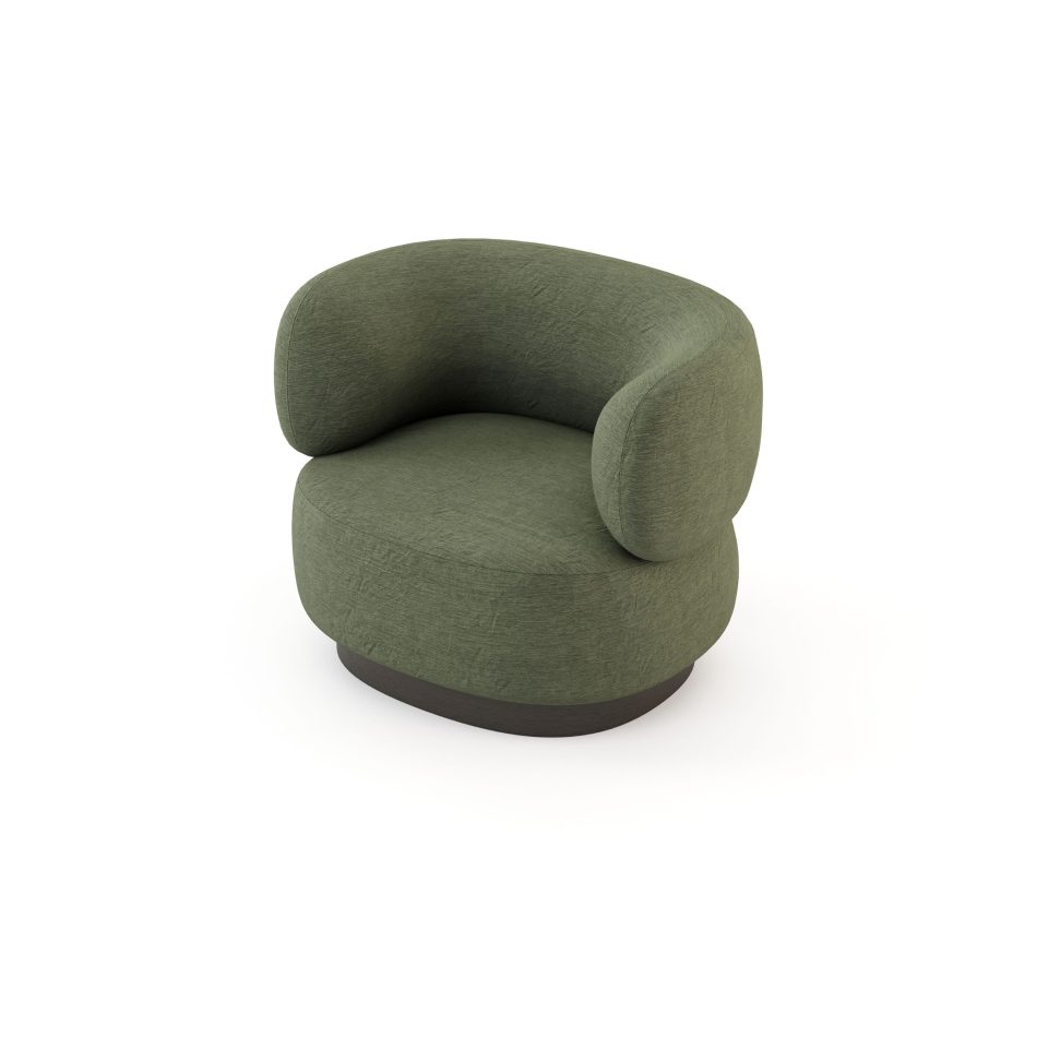 A contemporary Dolomites Armchair featuring smooth curved upholstery in rich green fabric and a solid dark oak base, merging organic softness with grounded structure and fitting seamlessly into luxury living room furniture, the tactile elegance of sophisticated bedroom furniture, and the sculptural flow of modern living room architecture.