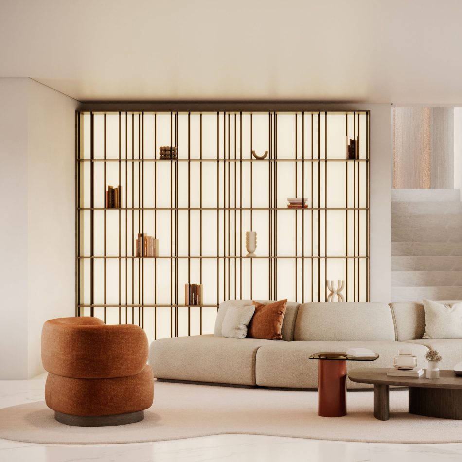 A warm, minimalist living room featuring the Dolomites Armchair in rust‑toned upholstery, surrounded by soft beige seating, a sculptural coffee table, and an illuminated geometric shelving wall, creating an atmosphere of calm refuge where earthy neutrals and gentle lighting echo the armchair’s mountain‑inspired curves and the crafted elegance of luxury living room furniture, the refined balance of home furniture, and the serene flow of contemporary living room architecture.