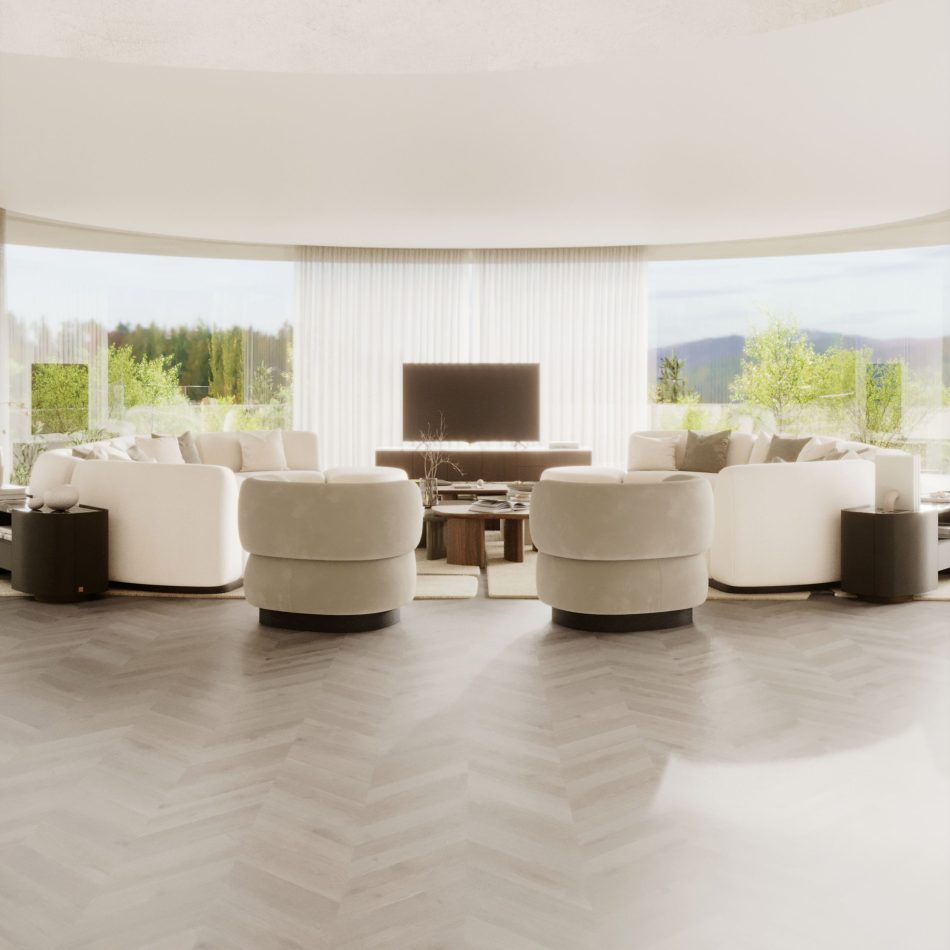 A spacious, light‑filled living room with sweeping curved windows showcasing greenery outside, where two plush Dolomites Armchairs and a modular sofa surround a central table, creating an airy, minimalist setting that emphasizes comfort and openness, subtly echoing the soft, carved‑from‑nature inspiration of the Dolomites Armchair and complementing the refined aesthetic of luxury home furniture, the inviting warmth of living room furniture, and the serene flow of contemporary living room architecture.