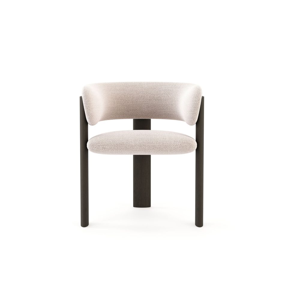 The Dolomites Chair rises in a minimalist silhouette where the solidity of dark brown wood meets the softness of fabric, its curved form echoing the raw peaks of the Dolomites and embodying a balance shaped by time, aligning with luxury furniture, the purity of contemporary furniture, and the crafted harmony of handmade furniture.