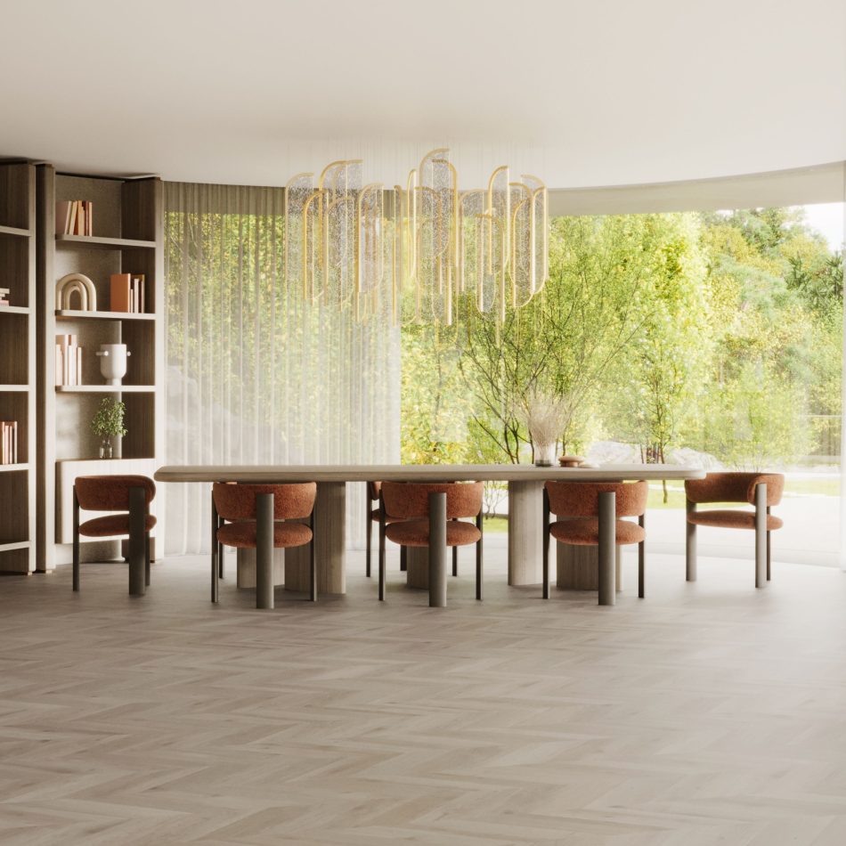 A refined dining space frames the Dolomites Chairs upholstered in terracotta bouclé, their wood structure gathering around a light wood table as natural light and warm textures shape an inviting atmosphere that resonates with dining room chairs, the crafted elegance of luxury dining table set, and the contemporary harmony of furniture for living room environments.