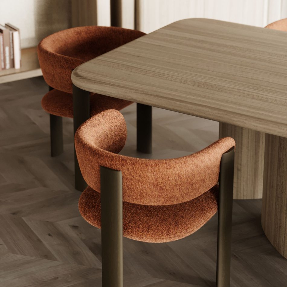 The Dolomites Chairs in terracotta bouclé sit around a smooth wooden table, their sculptural wood legs blending with herringbone flooring and warm tones to create a welcoming dining ambiance aligned with restaurant furniture, the refined clarity of modern table design, and the crafted sophistication of custom furniture.