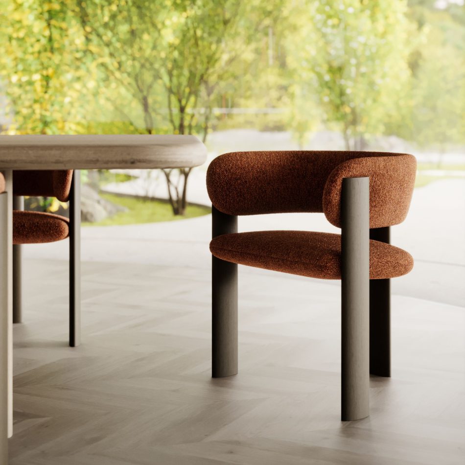 A serene dining area highlights the Dolomites Chair in terracotta bouclé beside a light wood table, its sculptural wood frame illuminated by soft natural light and views of greenery, creating an atmosphere of calm refinement that resonates with modern dining chairs, the organic purity of modern dining table, and the inviting elegance of luxury furniture.