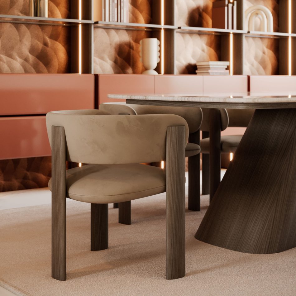 A sophisticated dining space highlights the Dolomites Chair in a soft neutral upholstery supported by wood legs, placed beside a stone‑topped table and surrounded by warm geometric wall panels, integrated shelving, and ambient lighting, creating a refined atmosphere aligned with dining room chairs, the sculptural clarity of modern dining table, and the crafted elegance of luxury furniture.