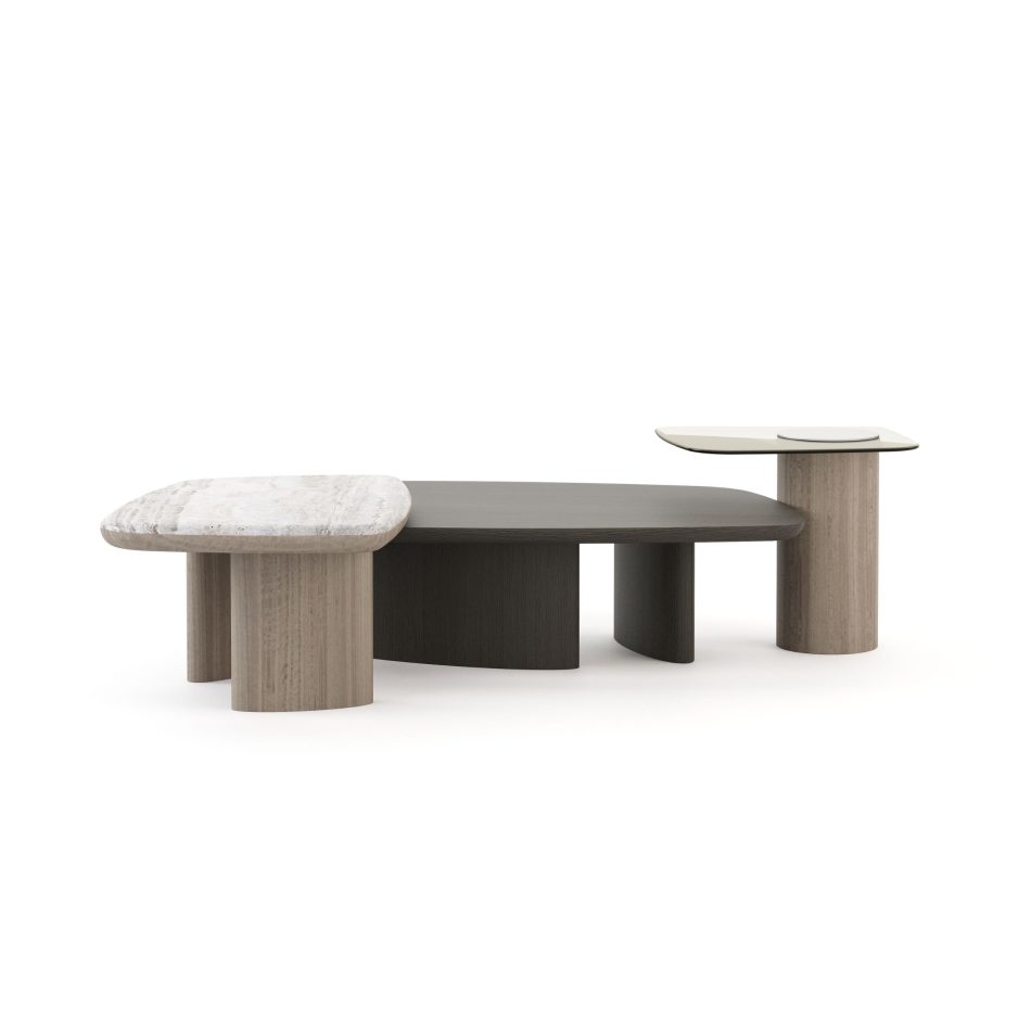 The Dolomites Coffee Table in wood and marble combines a dark‑wood top, a light‑wood base, and a stone surface, forming sculptural interlocking shapes that echo natural elevation and coexistence, aligned with luxury coffee table, the refined presence of living room furniture, and the crafted clarity of contemporary center table design.
