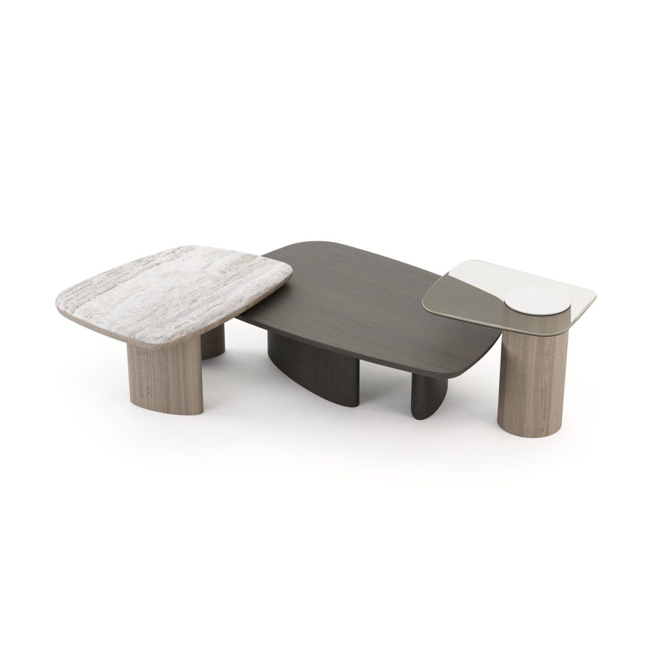 The Dolomites Coffee Table in wood, glass, and marble presents stone, dark‑wood, and glass tops supported by sculptural wooden bases, forming an asymmetrical landscape that reflects harmony through irregularity and aligns with luxury center table, the crafted sophistication of custom furniture, and the contemporary rhythm of living room tables.