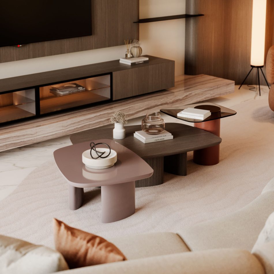 The Dolomites Coffee Table in wood and lacquered finishes sits within a warm contemporary living room, where layered surfaces, sculptural décor, and soft lighting echo the idea of coexistence and geological calm, resonating with living room furniture, the refined presence of luxury home furniture, and the crafted clarity of contemporary center table design.