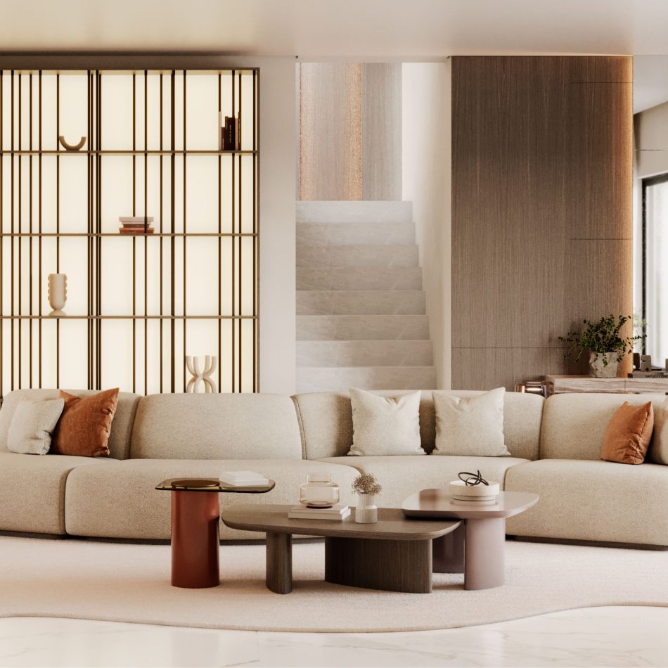 The Dolomites Coffee Table in lacquer and glass, appears in a serene living room where a soft sectional sofa, illuminated shelving, and warm architectural details create a landscape‑like setting that mirrors the table’s balance of elevation, pause, and sculptural irregularity, aligned with luxury home furniture, the crafted harmony of furniture for living room, and the poetic restraint of modern furniture.