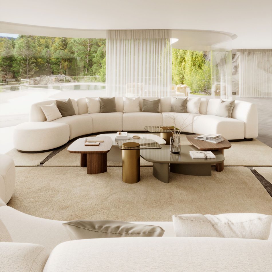 The Dolomites Coffee Table in wood, lacquer, and glass sits within a serene living room where a curved sofa, soft natural light, and organic décor echo the table’s landscape‑inspired balance of elevation and pause, resonating with luxury home furniture, the sculptural harmony of living room furniture, and the refined presence of contemporary center table design.