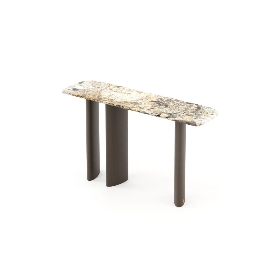 A close view of the Dolomites Console showcasing its Patagonia Matte marble top with softly contoured edges and three wooden cylindrical legs, a composition that reflects the quiet strength of mountain formations shaped by time, mixing natural veining with architectural balance in a way that aligns with luxury console table, the sculptural calm of contemporary furniture, and the refined presence of high end furniture.
