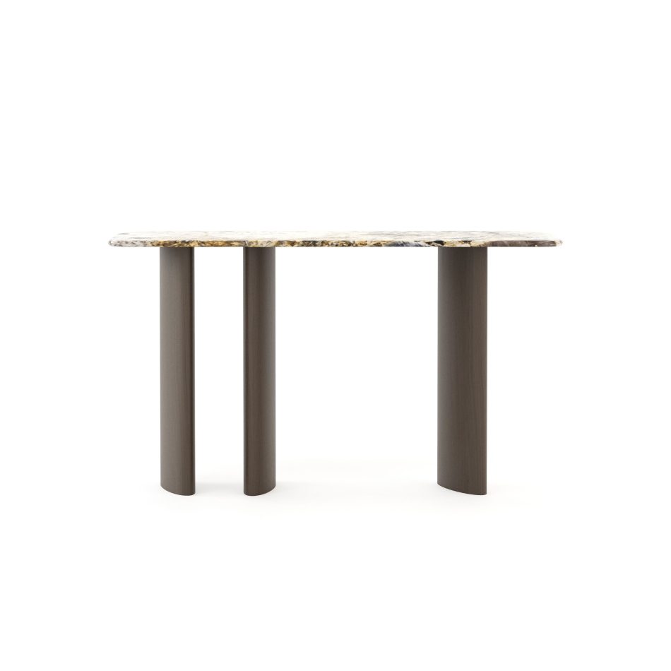 A minimalist composition featuring the Dolomites Console with its Patagonia Matte marble surface and three cylindrical wood legs, where the soft contours and natural stone patterns evoke the layered formations of the Dolomites, creating a calm, resolute presence that resonates with luxury furniture, the organic refinement of casegoods furniture, and the sculptural clarity of modern table design.