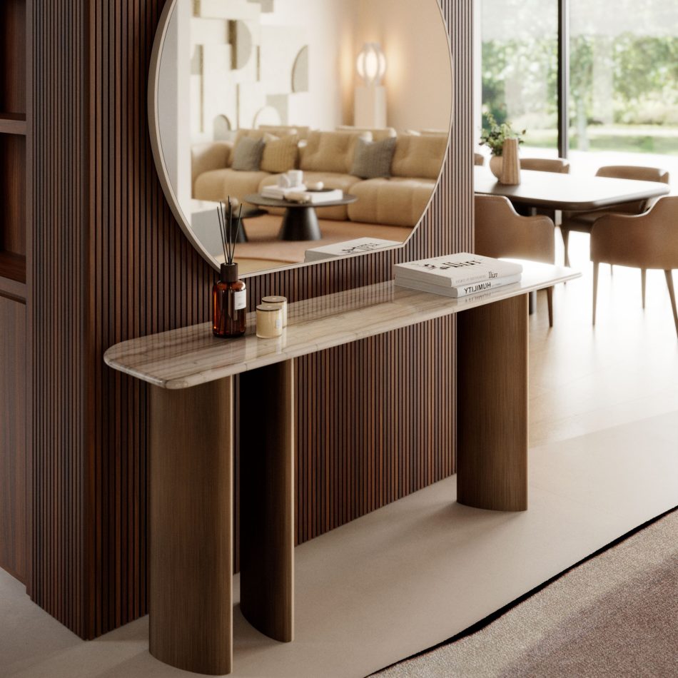 The Dolomites Console sits against a warm vertical‑slat wall, its marble top and wooden legs blending softly into a serene interior where natural light, muted neutrals, and reflective surfaces create a calm, grounded atmosphere that aligns with luxury home furniture, the sculptural balance of contemporary furniture, and the refined warmth of living room architecture.
