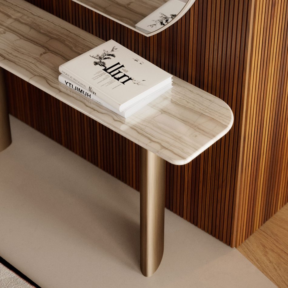 A close, intimate view of the Dolomites Console reveals the gentle veining of its marble top resting on wooden legs, set against a warm slatted wall that enhances the room’s serene, contemplative ambience, harmonizing with luxury console table aesthetics, the tactile richness of high end furniture, and the minimalist clarity of contemporary furniture.