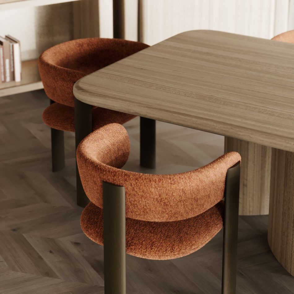 The Dolomites Dining Table appears in a warm, contemporary setting where its smooth wooden top and sculptural legs pair with textured chairs, herringbone flooring, and soft ambient tones, forming a balanced composition aligned with modern dining table, the crafted clarity of luxury furniture, and the inviting rhythm of dining room decor.