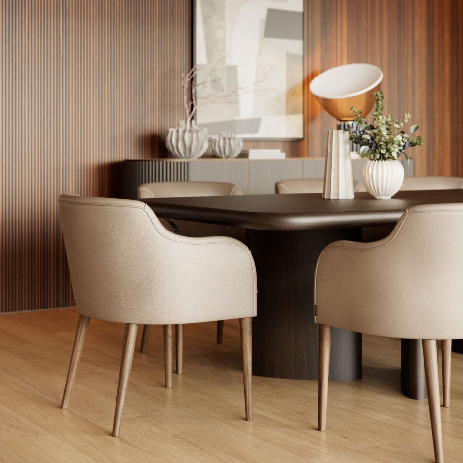 The Dolomites Dining Table in a contemporary setting where its dark wooden top meets elegant chairs, floral accents, and light wood flooring, forming a balanced composition aligned with dining room furniture, the refined clarity of luxury home furniture, and the sculptural calm of modern table design.